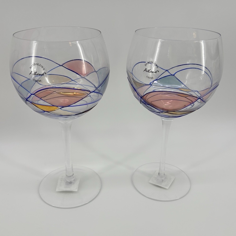 2‎ Artland "Helios" Hand Made Stained Glass Style Wine Glasses Goblets Pair Set